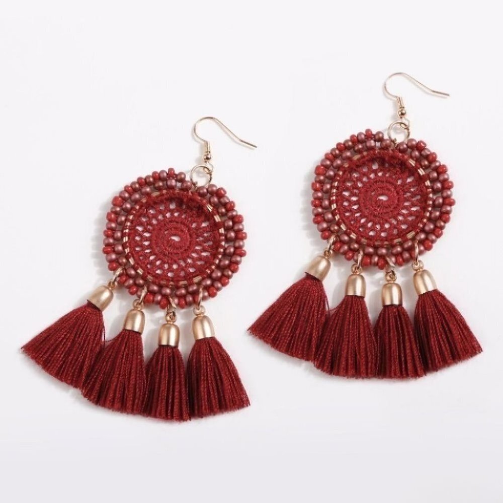 Gold-tone crochet beads cotton tassel earrings, gifts